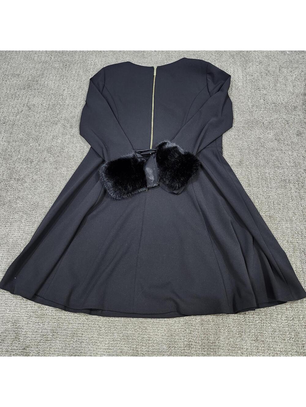 Calvin Klein Black Long Sleeve Fit and Flare Dress with Faux Fur Cuffs Size 16 - Picture 6 of 12